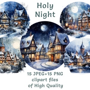 Paquete de imágenes prediseñadas de Serene Holy Night - 15 acuarelas de invierno PNG y JPEG, perfecto para uso comercial, descarga instantánea, gráficos de escenas navideñas