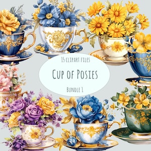 Clipart di tazze da tè / Clipart di porcellana / 15 file PNG / Adesivi acquerello per l'ora del tè / Uso commerciale / Adesivi vintage / Clipart floreale