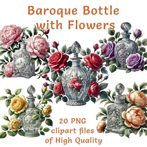 Collection de cliparts vintage de bouteilles florales, 20 modèles PNG aquarelle pour le scrapbooking, les affaires, les invitations, l'artisanat et l'usage commercial