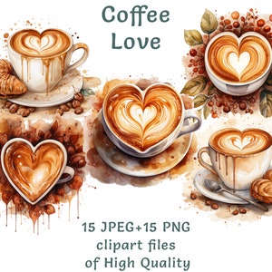 Clipart de xícara de café - 15 arquivos PNG e JPEG em aquarela para uso comercial, perfeitos para design de menu de café, decoração de cozinha e projetos de artesanato
