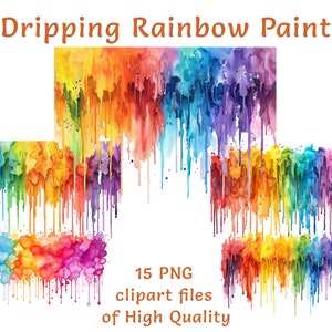 Op de afbeelding: 15 PNG clipart-bestanden van hoogwaardige aquarel regenboogverf die in een kleurrijk abstract ontwerp naar beneden druppelt.