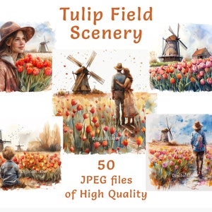 Tulp Clipart | 50 JPEG-bestanden | Digitale bundel aquarel bloemen | Commercieel gebruik | Lentestickers | Printables windmolen | Bloeiende kunst