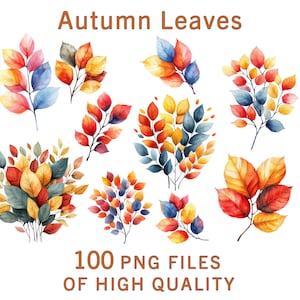 Clipart de feuilles d'automne, 100 fichiers PNG aquarelle feuillage d'automne, usage commercial, Illustrations de feuilles saisonnières, projets d'automne en téléchargement immédiat