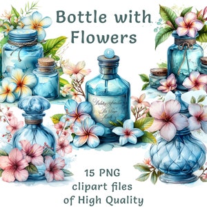 Clipart butelki | 15 plików PNG | Clipart kwiatów akwarelowych | Clipart ślubny do użytku komercyjnego | Nadruk sublimacyjny panny młodej | Naklejki wiosenne