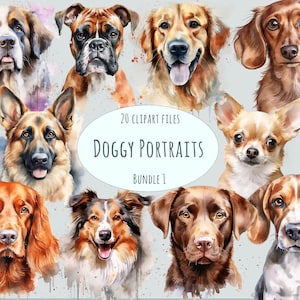 Hund Portrait Clipart | 20 Aquarell Haustier PNGs & digitale Welpen Rassen | Golden Retriever, Schäferhund, Bulldogge, Pudel Sublimationskunst