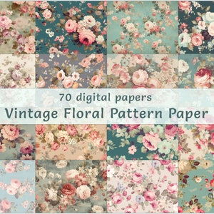Papel digital floral vintage / 70 JPEG para descargar / Rosas Shabby Chic / Fondos románticos / Scrapbooking, invitaciones y manualidades / Antiguo