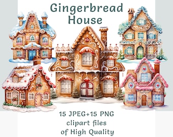 Könnte beinhalten: Ein Set mit fünf Aquarell-Illustrationen von Lebkuchenhäusern. Die Häuser sind mit Süßigkeiten, Zuckerguss und anderen festlichen Details verziert. Die Illustrationen eignen sich perfekt für die Verwendung in Weihnachtsbastelarbeiten, Karten und anderen Projekten.