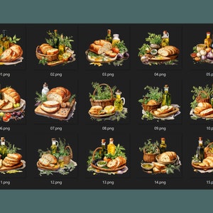 A collection of 15 Mediterranean food cliparts featuring fresh bread, olive oil, herbs, and garlic. Perfect for restaurant menus, food blogs, kitchen wall art, and Italian-themed projects.
