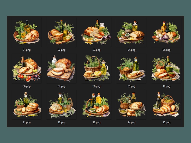 A collection of 15 Mediterranean food cliparts featuring fresh bread, olive oil, herbs, and garlic. Perfect for restaurant menus, food blogs, kitchen wall art, and Italian-themed projects.
