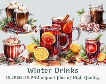 Drink Clipart | 15 PNG JPEG | Watercolor christmas clipart | Commercial use sublimation print digital winter mulled wine hot dessert sticker