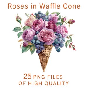 Rosas en Waffle Cone Clipart, 25 archivos PNG, Arte de acuarela para diseños florales, Descarga digital, Uso comercial, Perfecto para manualidades de primavera