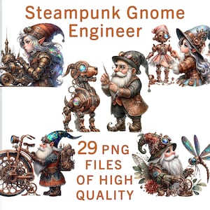 May include: A set of 29 digital illustrations featuring steampunk gnomes. The gnomes are depicted in various poses, including working on machinery, riding a motorcycle, and holding a dragonfly. The illustrations are in a cartoon style and feature intricate details.