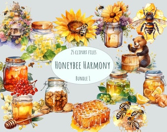 Honey Bee Clipart Collection: Watercolor Jar & Wax Graphics, 25 PNG Files, Ideal for Crafting, Commercial Use Digital Art, Food Printables