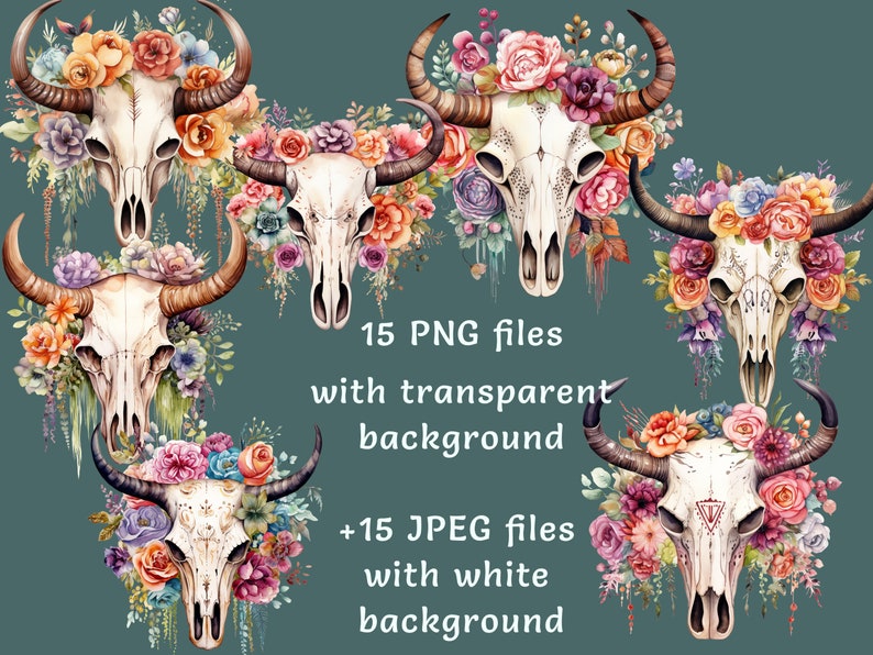 Boho Floral Cow Skull Clipart, 15 PNG and JPEG, Watercolor Boho Cow ...