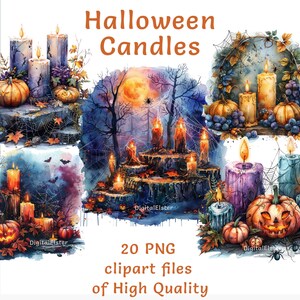 Ensemble de cliparts de bougie | 20 fichiers PNG | Clipart halloween aquarelle | Stickers citrouilles à usage commercial | Pile de livres numériques pour impression par sublimation