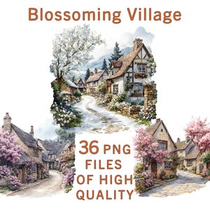 Village Clipart | 36 PNG Files | Watercolor Floral clipart | Commercial use sublimation print digital spring flowers cottagecore stickers