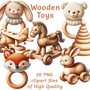 Wooden Toy Clipart | 20 Baby Teething Rings & Vintage Toys PNG, Nursery Decor, Kids Printables, Baby Shower Sublimation Stickers Design