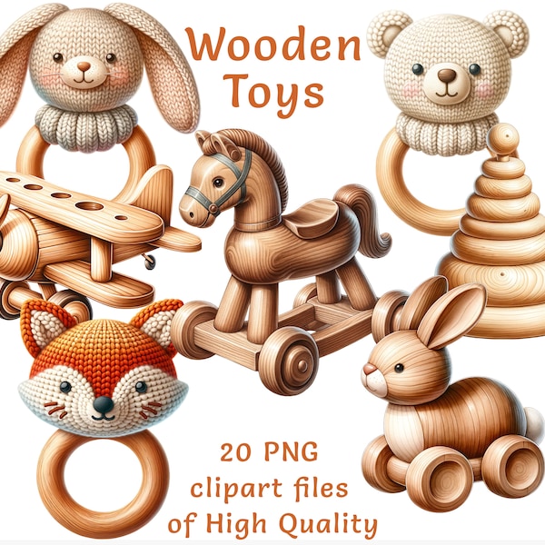 Wooden Baby Toys Clipart Set - 20 PNG Files, Commercial Use, Vibrant Watercolor Style, Instant Download, Commercial Use Nursery Decor