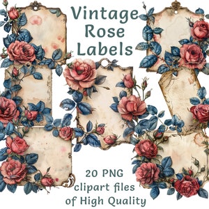 Vintage leere Etikett mit roten Rosen Clipart, 20 Aquarell PNG, florale Tags für kommerzielle Nutzung, sofortiger Download persönliche Hochzeitseinladungen