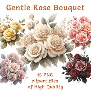 Clipart di bouquet / 15 file PNG / Clipart di rose acquerellate / Clipart di matrimoni per uso commerciale / Decorazioni floreali per la casa / Adesivi floreali per la sposa