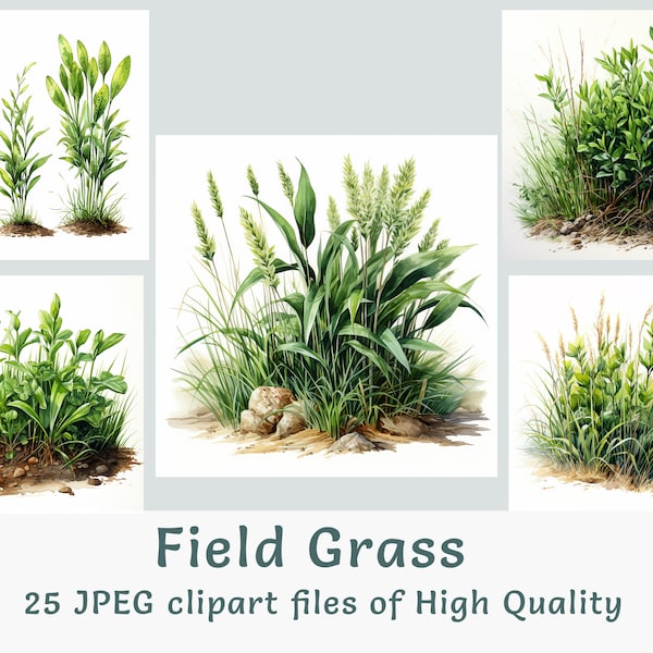 Watercolor Grass Clipart - 25 High-Resolution JPEGs for Commercial Use, Perfect for Eco-Friendly Projects and Medow Landscape Designs