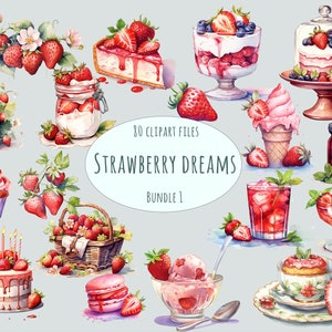 Lot de cliparts aux fraises | 80 PNG baies fraîches | Desserts Art | Sublimation alimentaire à l'aquarelle, autocollants, menus et travaux manuels de boulangerie | Décoration de café