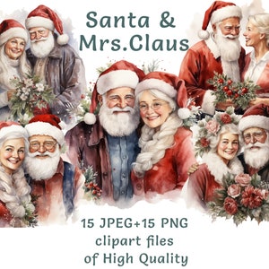 Clipart Père Noël aquarelle 15 PNG et JPEG haute qualité clipart Noël usage commercial M. Noël et Mme Noël imprimables autocollants haute résolution