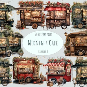 Food Cart and Coffee Cafe Clipart, 20 Watercolor Street Food and Coffee Cart PNG Illustrations, Urban Cafe Graphics, Commercial Use stickers