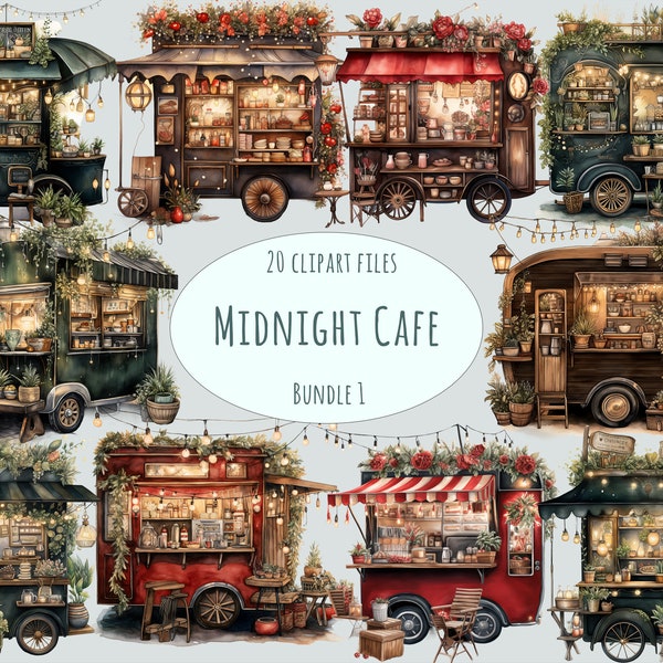 Food Cart and Coffee Cafe Clipart, 20 Watercolor Street Food and Coffee Cart PNG Illustrations, Urban Cafe Graphics, Commercial Use stickers