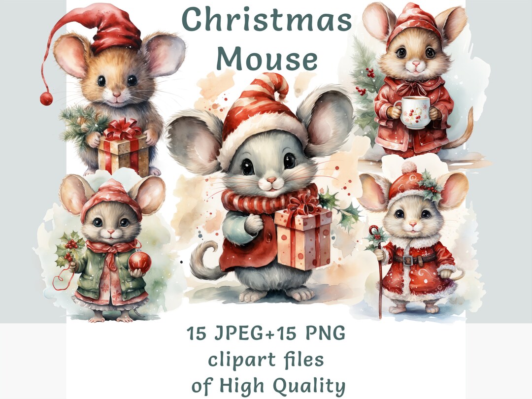Watercolor Mouse Clipart, 15 High Quality PNG and JPEG, Christmas Clip ...