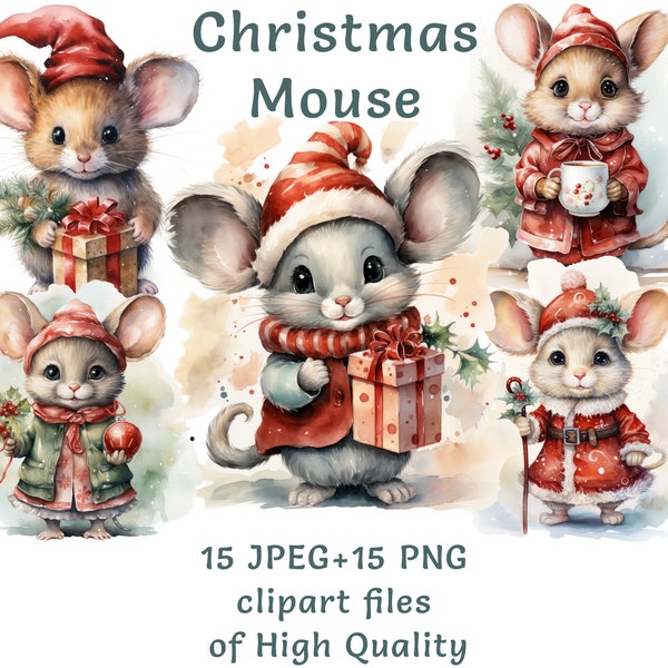 Aquarel muis clipart, 15 hoge kwaliteit PNG en JPEG, kerst illustraties, muizen stickers commercieel gebruik, dierlijke digitale printables