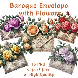 Enveloppes Clipart | 15 fichiers PNG | Stickers aquarelle baroque | Utilisation commerciale | Stickers Illustration numérique | Sublimation de cliparts floraux