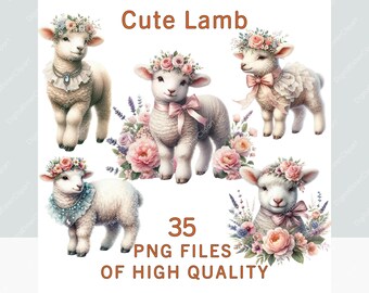Easter lamp clipart bundle, Watercolor sheep clipart, Commercial use farm animal stickers pack, Sublimation print floral decor png set