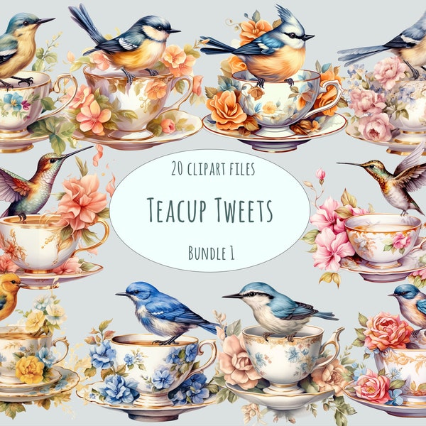 Watercolor Floral Tea Party Designs, Teacup & Bird Clipart Collection, 15 PNG Files for Commercial Use, Exquisite Vintage-Inspired Graphics