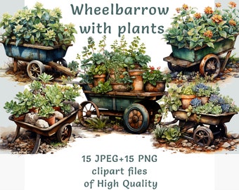 Gardening Clipart bundle, Watercolor plant clipart, Commercial use succulent stickers pack, Sublimation print wheelbarrow png food set