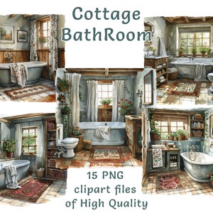 Cottage Badkamer Clipart, 15 Aquarel PNGs, Rustieke Home Decor Digitale Kunst, Instant Download, Vintage Bad Illustratie, DIY Craft & Design