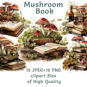 Clipart livre | 15 PNG et JPEG | Utilisation commerciale | Clipart aquarelle rat de bibliothèque | Clipart champignon | Illustrations de la forêt enchantée, sublimation