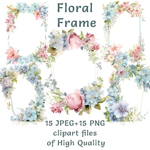 Blumen Clipart | Blumenrahmen | 15 PNG und JPEG | Aquarell Aufkleber | Kommerzielle Nutzung printables | Hochzeit Clipart | Braut Art