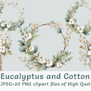 Clipart couronne d'eucalyptus aquarelle 20 PNG et JPEG haute qualité branche d'eucalyptus branche de coton bouquet floral cadre feuillage imprimables clip art