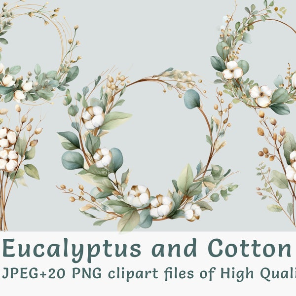 Watercolor eucalyptus wreath clipart 20 high quality PNG ans JPEG eucalyptus branch cotton bouquet floral frame foliage printables clip art
