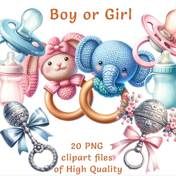 Gender Reveal Clipart Set: 20 Watercolor PNG Files for Commercial Use, Baby Items, Perfect for Party Invites & Decorations, Instant Download