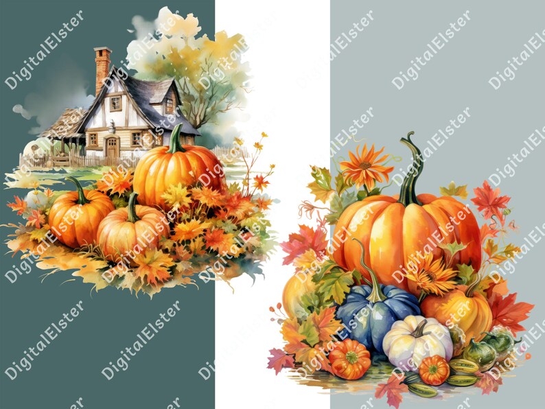 May include: Watercolor illustrations of pumpkins and autumn foliage. One image features a cottage with pumpkins, while the other showcases a variety of pumpkins in shades of orange, blue, and white, with fall leaves.