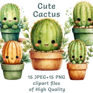 Clipart di cactus / 15 PNG e JPEG / Clipart kawaii ad acquerello / Grafica di piante per uso commerciale / Clipart di piante succulente / Stampabili per vivai