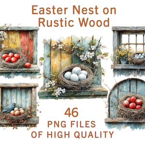 Clipart de nido de Pascua / 46 PNG Arte de huevo y ventana de madera rústica vintage / Sublimación de acuarela de granja, pegatinas, decoración de primavera, manualidades