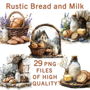 Imágenes prediseñadas de pan / Imágenes prediseñadas de leche / 29 archivos PNG / Uso comercial / Imágenes prediseñadas rústicas / Imágenes prediseñadas de comida / Pegatinas de granja / Pastelería casera / Desayuno