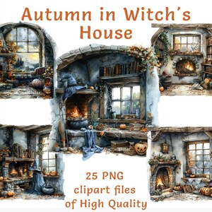 Könnte beinhalten: Eine digitale Illustration eines Hexenhauses im Herbst. Das Haus hat einen Kamin, ein Fenster und ein Bücherregal. Es gibt Kürbisse und andere Herbstdekorationen rund um das Haus. Der Text "Herbst im Hexenhaus" steht oben im Bild. 25 PNG-Clipart-Dateien in hoher Qualität.