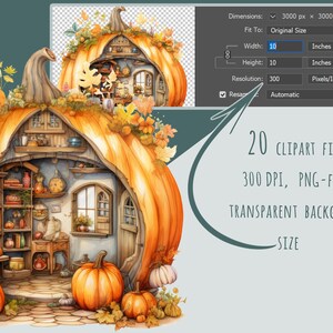 ハロウィーンのカボチャのクリップアート、水彩画の不気味な家とひょうたん、20 個の PNG、秋の収穫祭のデジタル アートの商用印刷可能