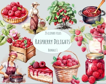 Raspberry clipart | 25 PNG | Watercolor food clipart | Commercial use sublimation print digital dessert restaurant stickers berry bundle