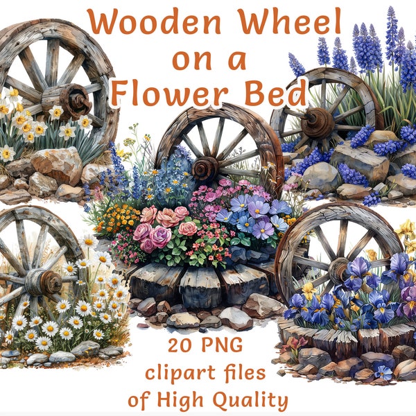 Rustic Wooden Wheel Clipart - 20 Watercolor Flower PNGs for Commercial Use, Vintage Wheel Floral Graphics, Unique DIY Design Elements