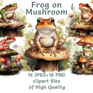 Collection de cliparts Grenouille sur champignon, aquarelle de la forêt enchantée, PNG et JPEG 15, usage commercial, éléments graphiques de la nature fantaisiste à imprimer